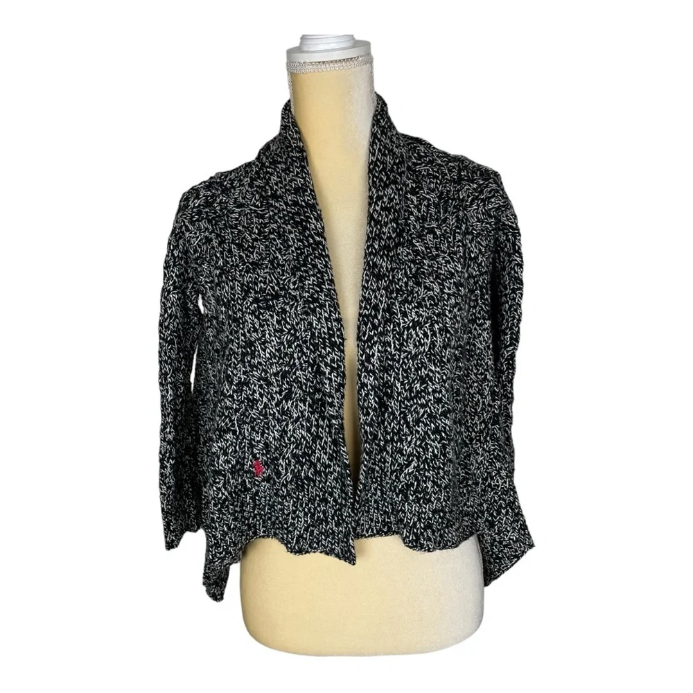 Ralph Lauren‎ Black White Marled Waterfall Cardigan Girls Size M (8-10)
